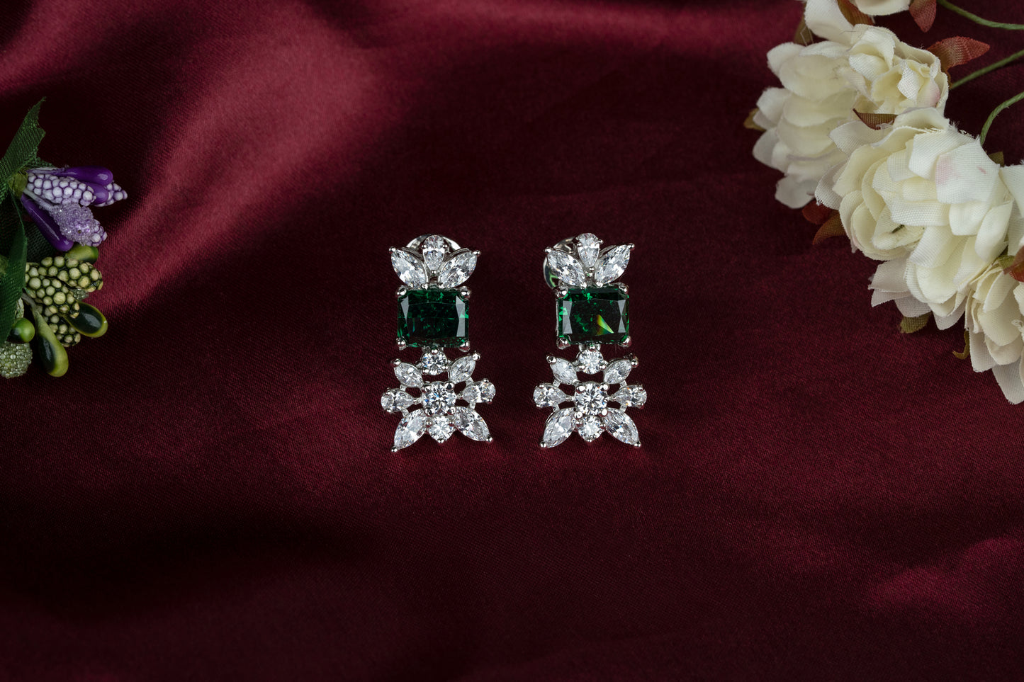 Emerald Square & Diamond Petals Earrings