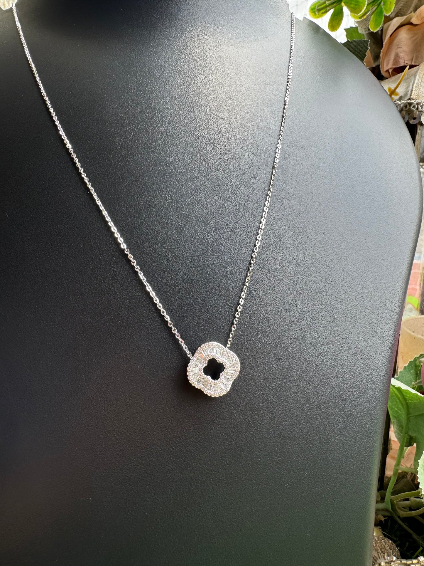 Silver Floral CZ Square Pendant