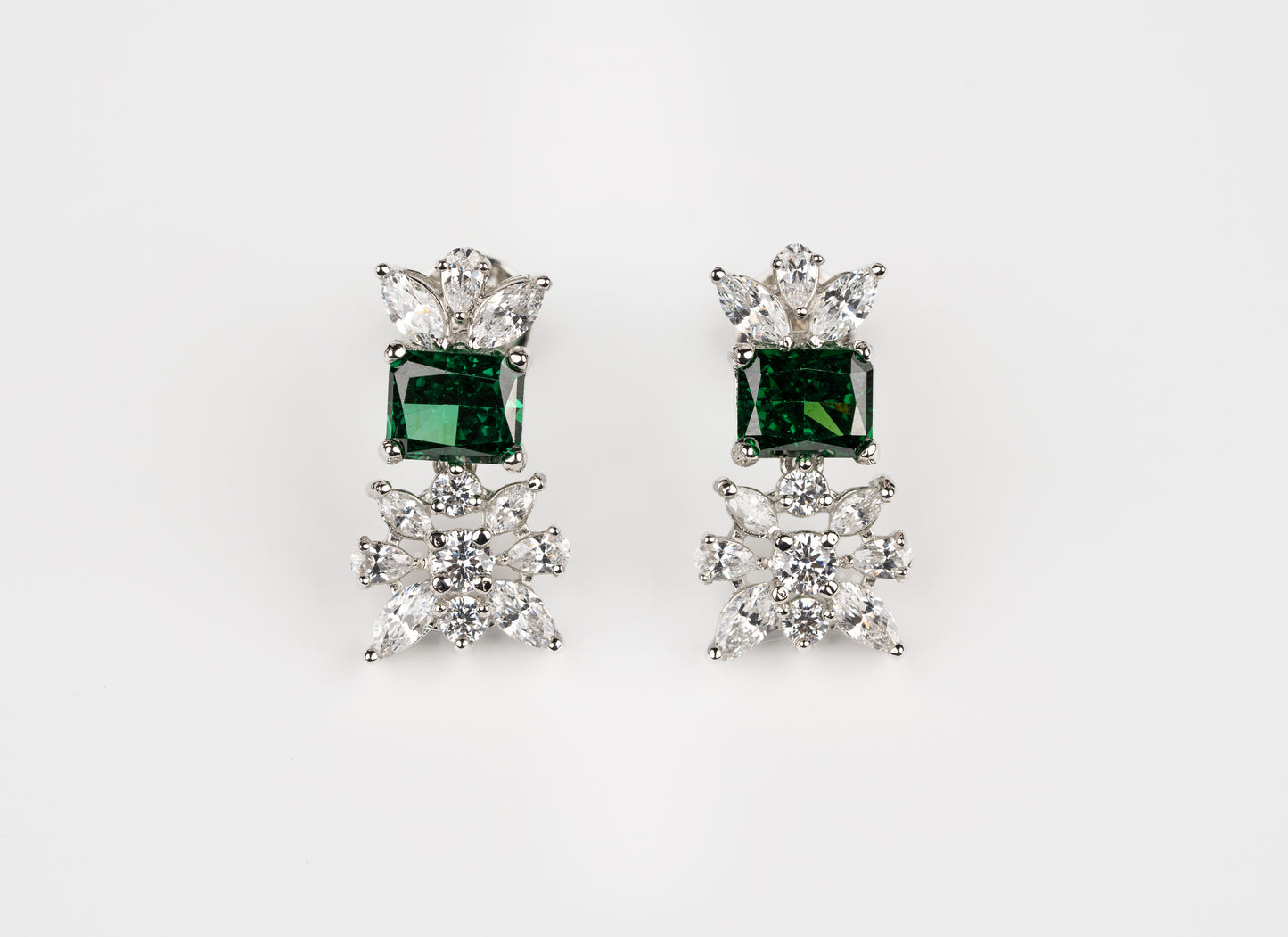 Emerald Square & Diamond Petals Earrings