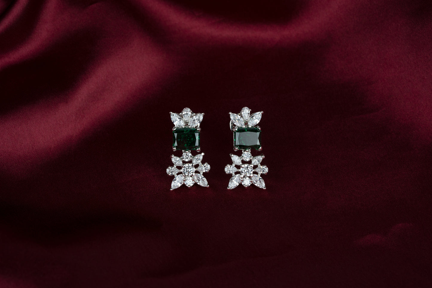 Emerald Square & Diamond Petals Earrings